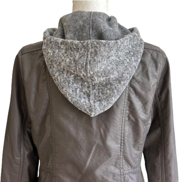 Jou Jou Gray Faux Leather Detachable Hood Fitted Pockets Moto Jacket Coat Medium - Picture 10 of 14